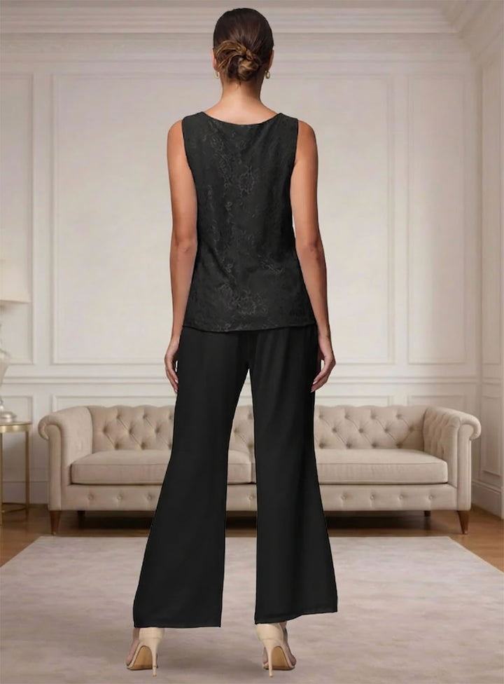 Ensemble pantalon pour mère de la mariée, 3 pièces, manches longues, en chiffon et dentelle
