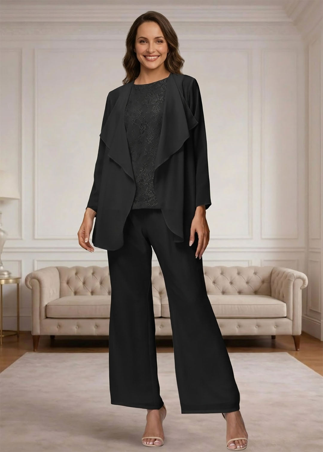Ensemble pantalon pour mère de la mariée, 3 pièces, manches longues, en chiffon et dentelle