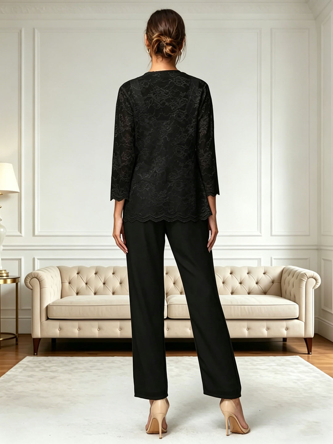 Ensemble pantalon 3 pièces pour la mère de la mariée, manches longues, en chiffon et dentelle