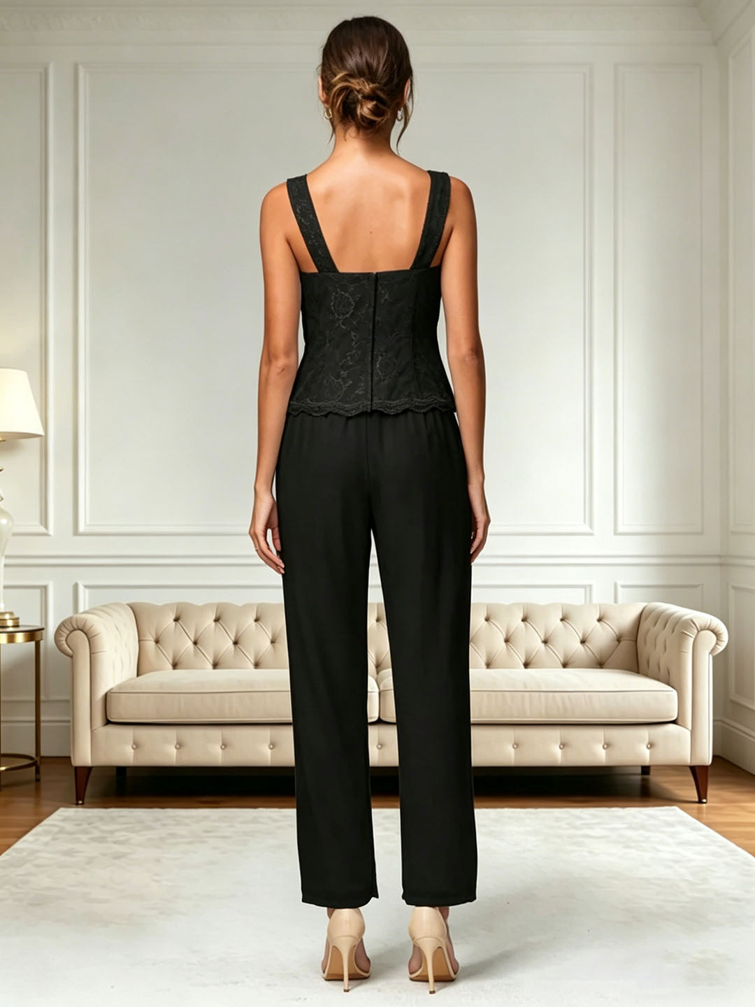 Ensemble pantalon 3 pièces pour la mère de la mariée, manches longues, en chiffon et dentelle