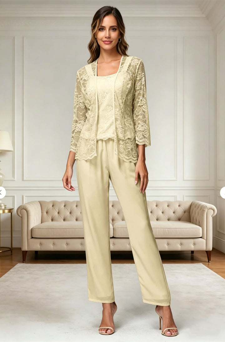 Ensemble pantalon 3 pièces pour la mère de la mariée, manches longues, en chiffon et dentelle