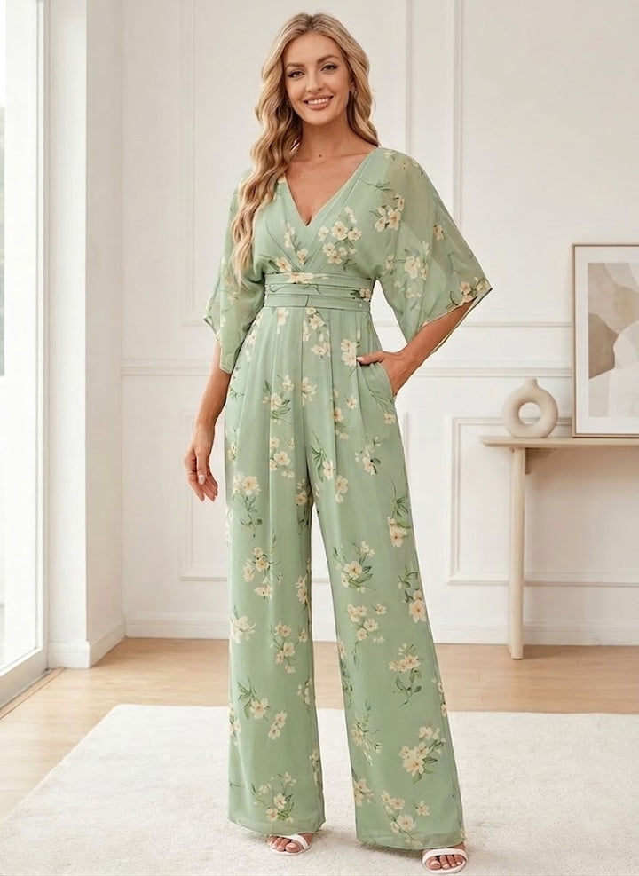 Robes de Mère de la Mariée,Combinaison maxi en mousseline plissée, vert sauge, style jardin