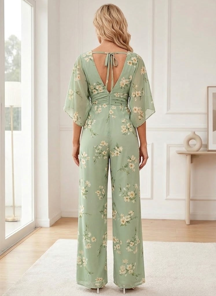 Robes de Mère de la Mariée,Combinaison maxi en mousseline plissée, vert sauge, style jardin