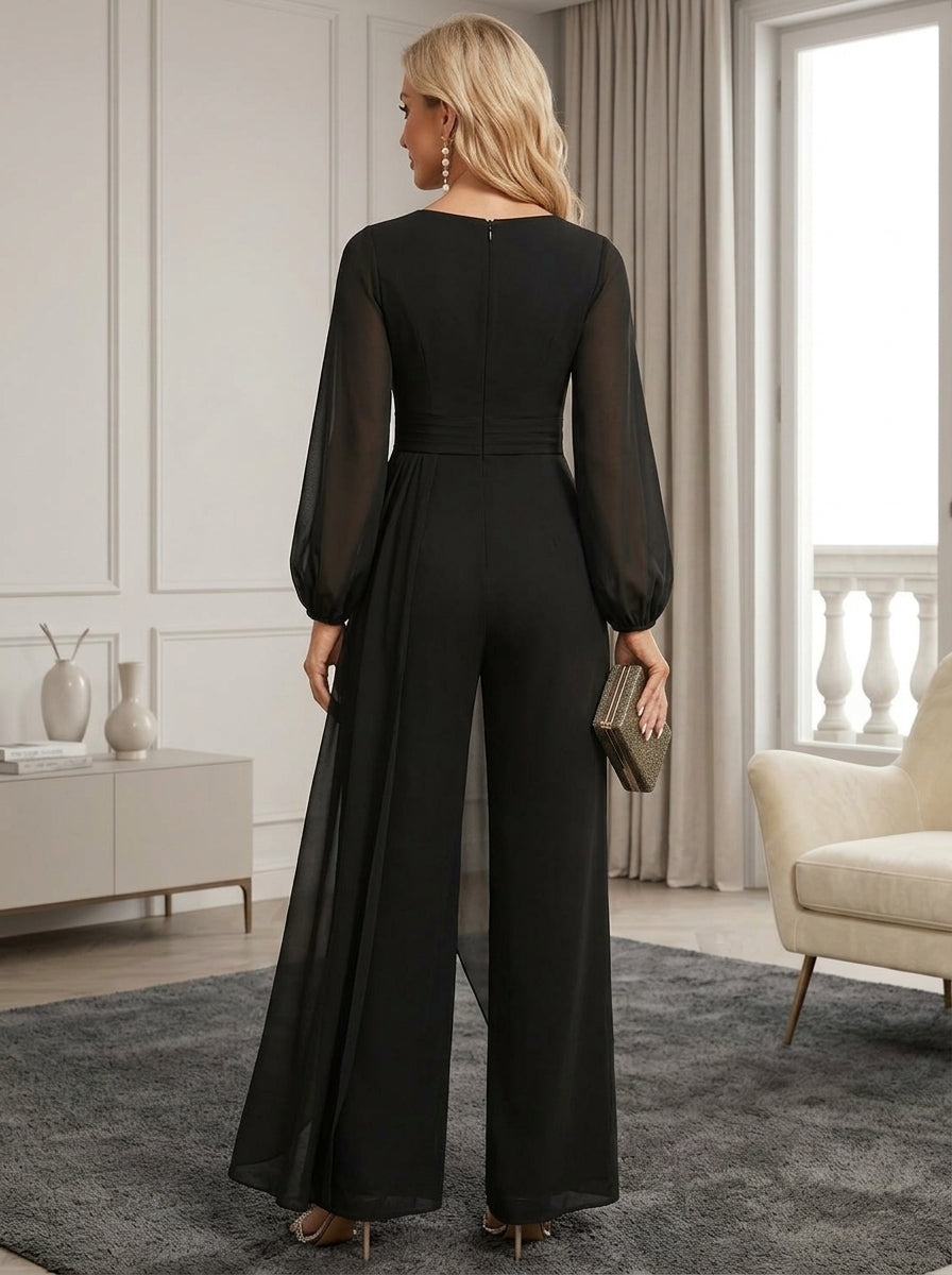 Robes de Mère de la Mariée,Combinaison Longue en mousseline noire avec jupe