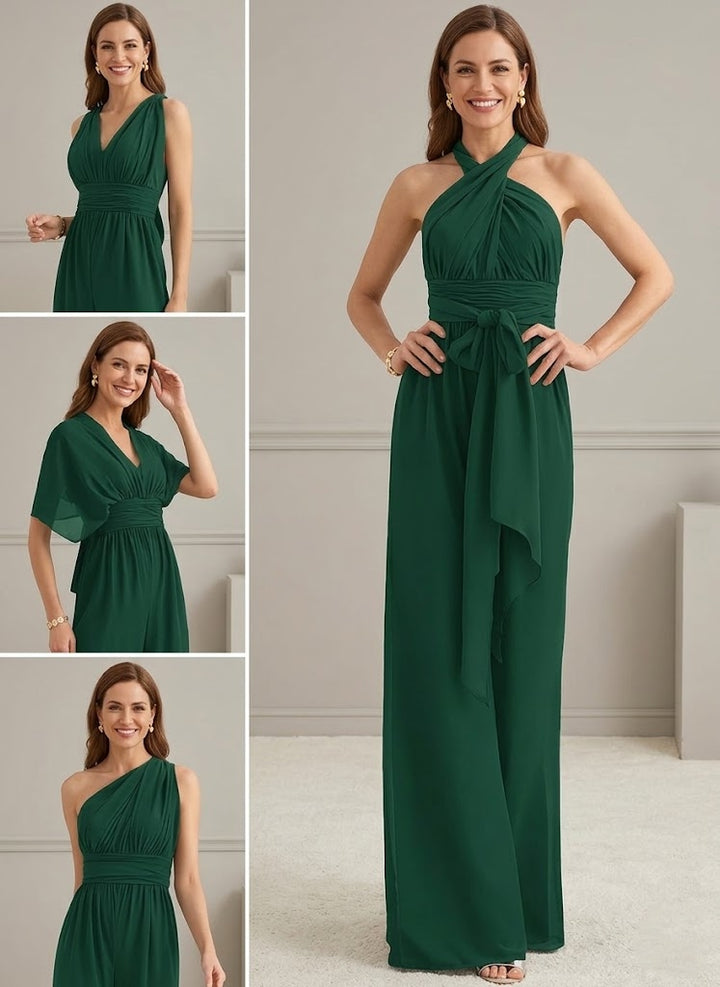Robes de Mère de la Mariée,Combinaison en mousseline vert foncé à une épaule et volants