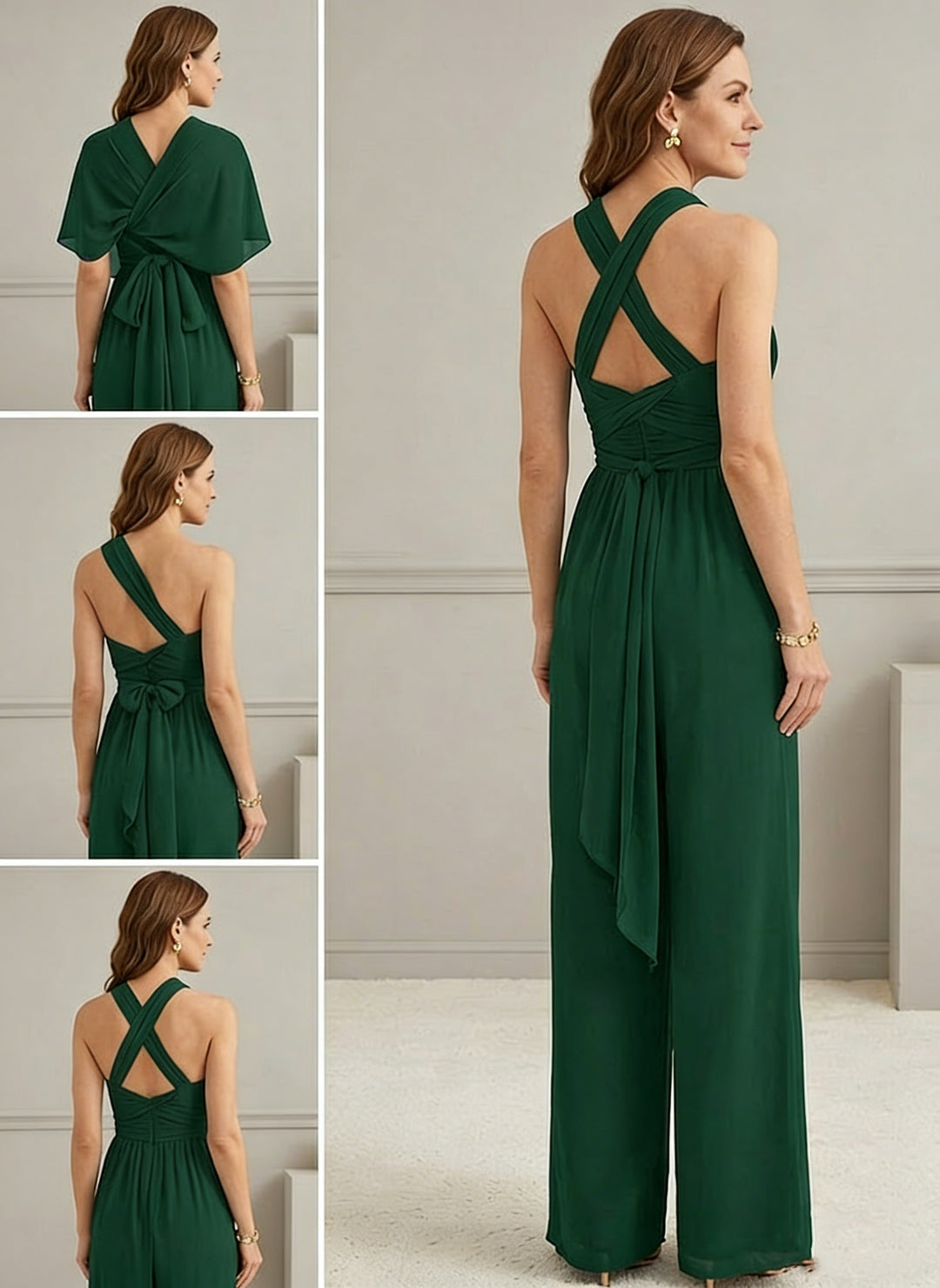 Robes de Mère de la Mariée,Combinaison en mousseline vert foncé à une épaule et volants