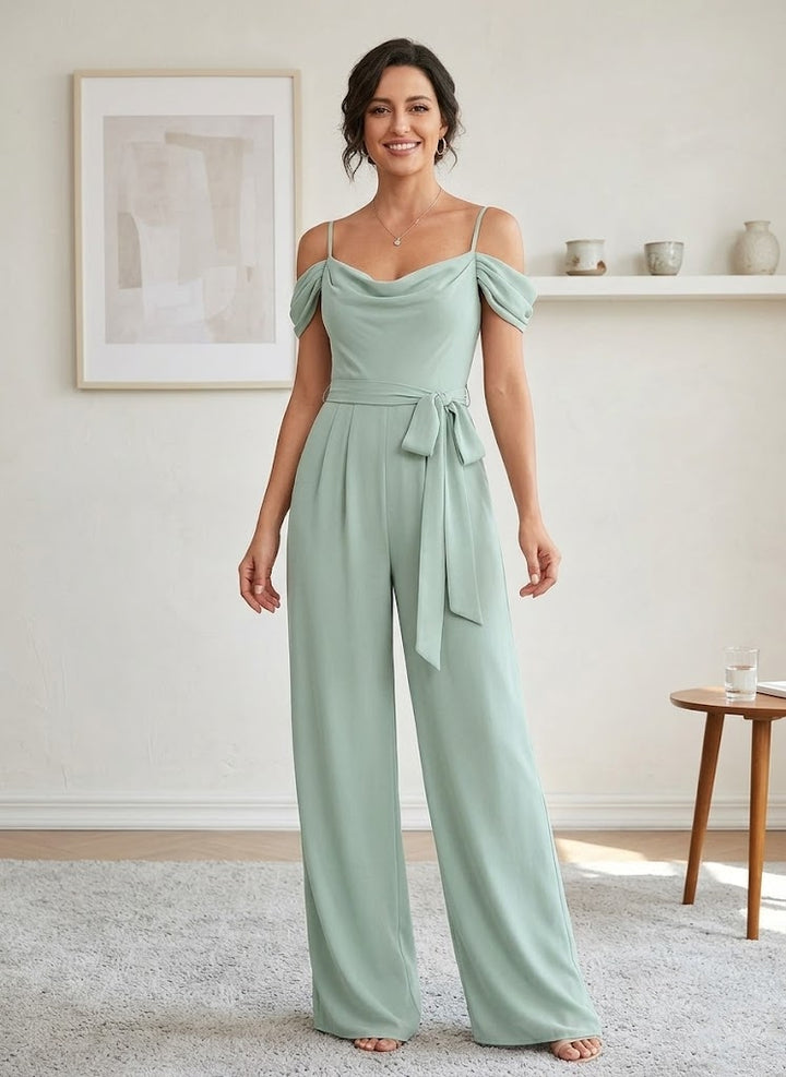 Robes de Mère de la Mariée,Combinaison en mousseline vert agave à col cowl et volants