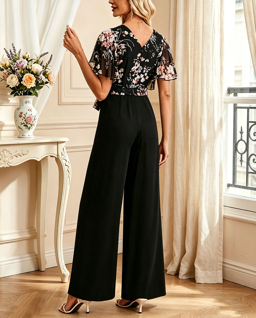 Combinaison longue imprimé floral noir