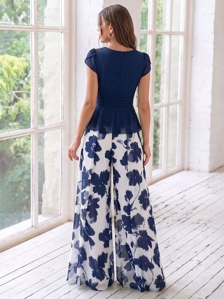 Ensemble Pantalon de Mère de la Mariée à Fleurs, Coupe A-Line/Princesse, Col en V, Manches Courtes, Longueur Au Sol, Motif Floral