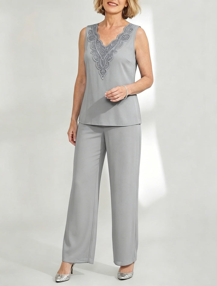Tailleur-Pantalon en Mousseline de Soie Longueur Cheville pour Mère de la Mariée avec Veste