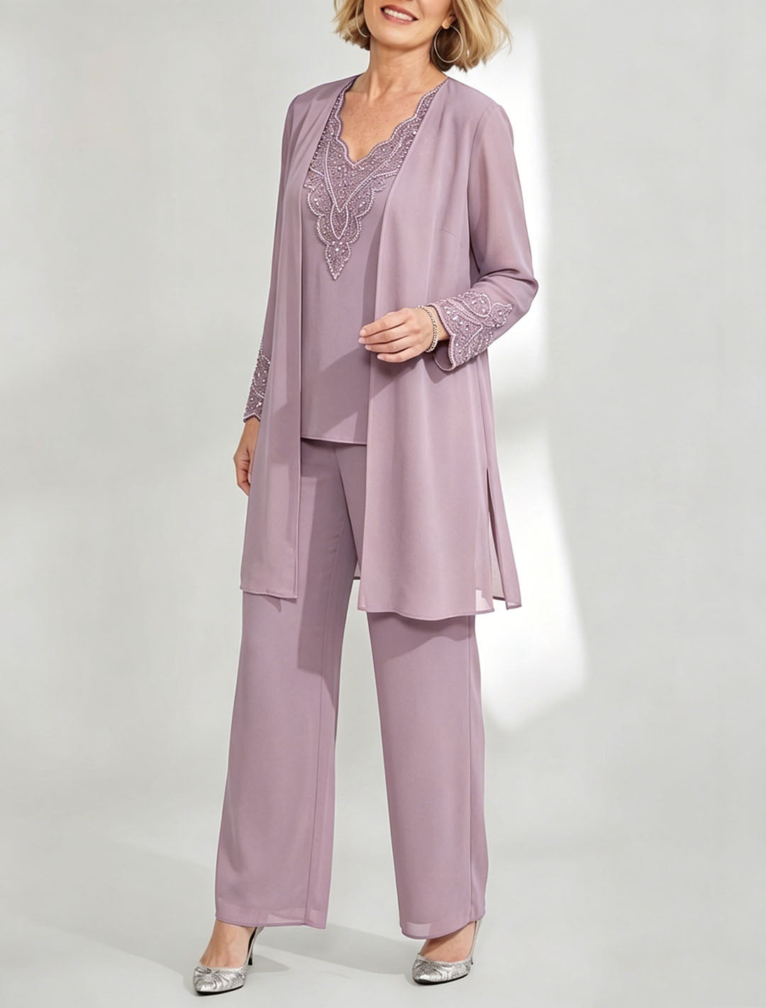 Tailleur-Pantalon en Mousseline de Soie Longueur Cheville pour Mère de la Mariée avec Veste