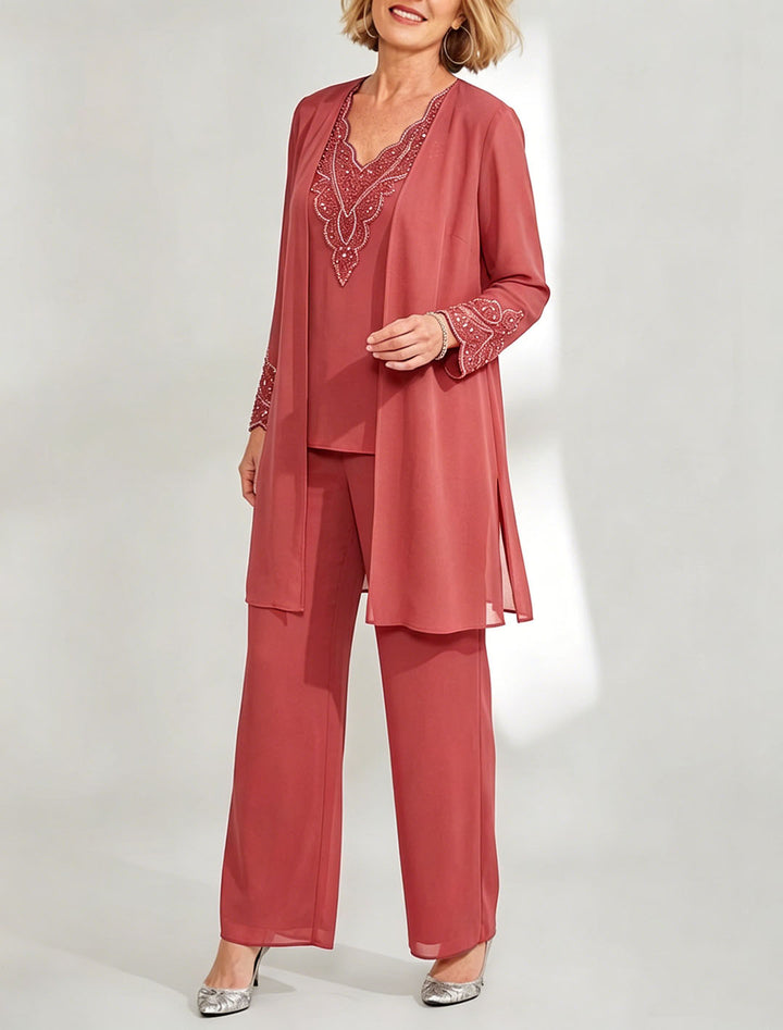 Tailleur-Pantalon en Mousseline de Soie Longueur Cheville pour Mère de la Mariée avec Veste