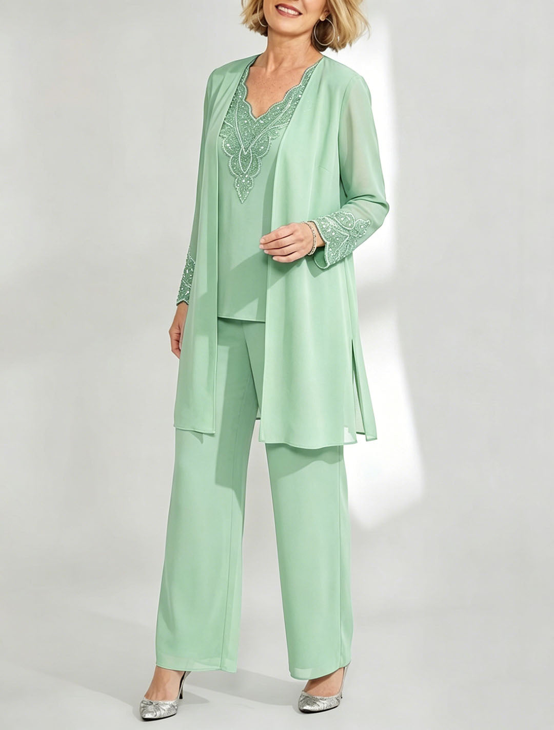 Tailleur-Pantalon en Mousseline de Soie Longueur Cheville pour Mère de la Mariée avec Veste