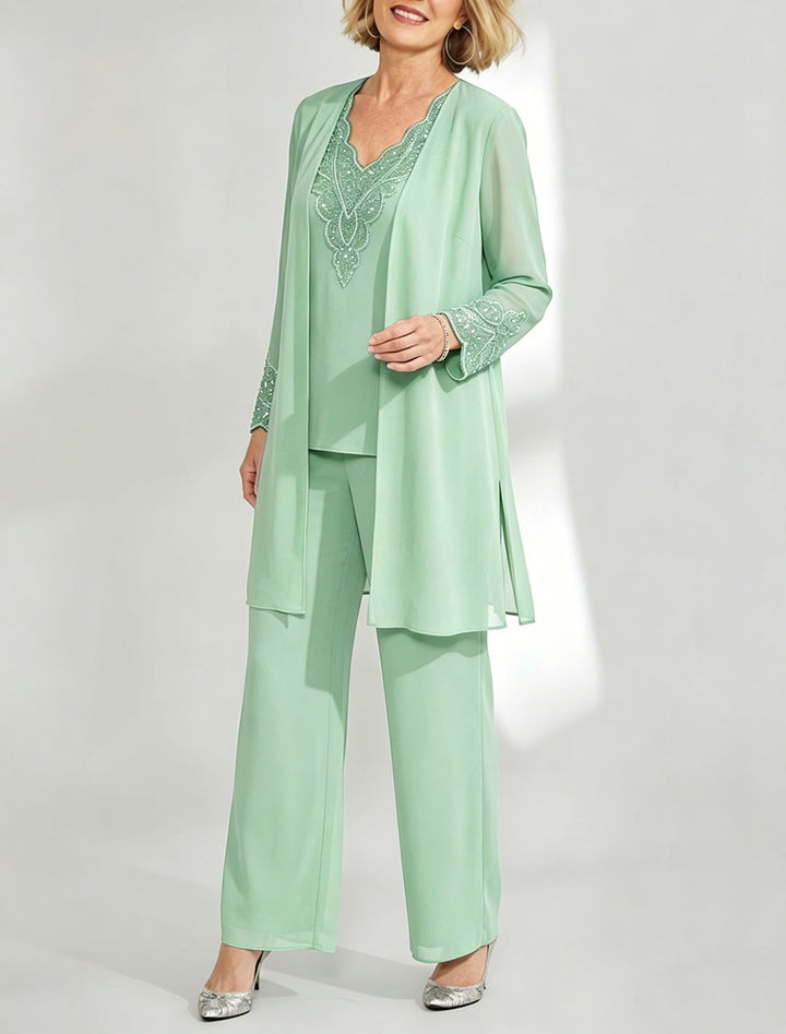 Tailleur-Pantalon en Mousseline de Soie Longueur Cheville pour Mère de la Mariée avec Veste