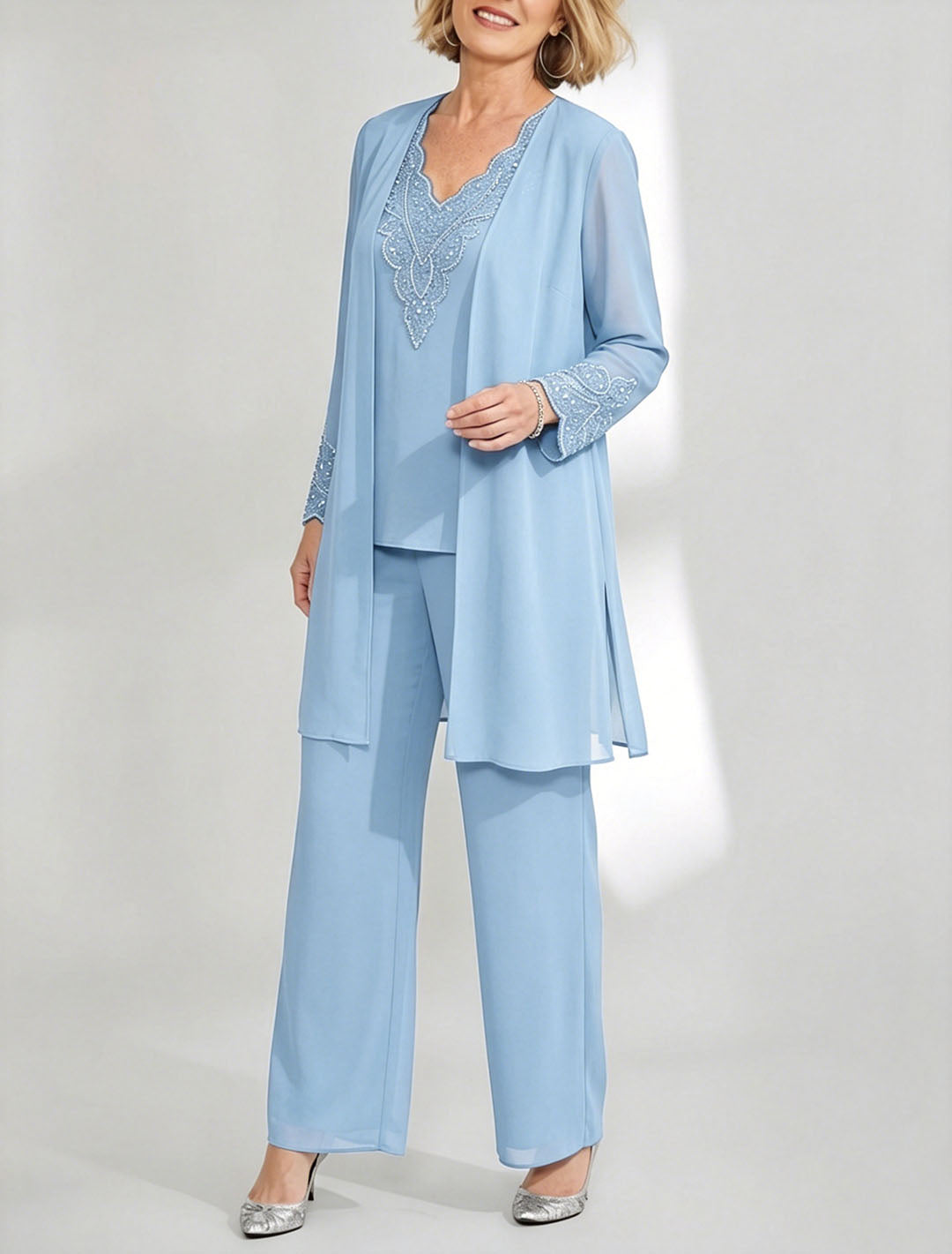 Tailleur-Pantalon en Mousseline de Soie Longueur Cheville pour Mère de la Mariée avec Veste