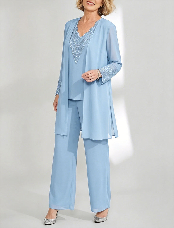 Tailleur-Pantalon en Mousseline de Soie Longueur Cheville pour Mère de la Mariée avec Veste