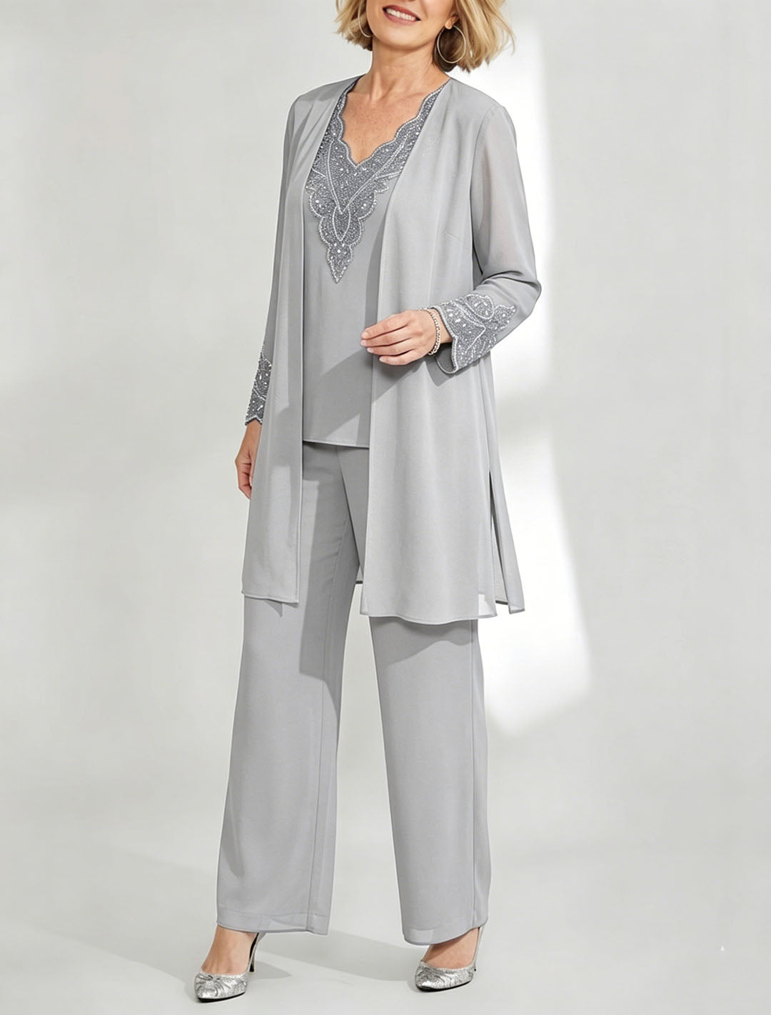 Tailleur-Pantalon en Mousseline de Soie Longueur Cheville pour Mère de la Mariée avec Veste