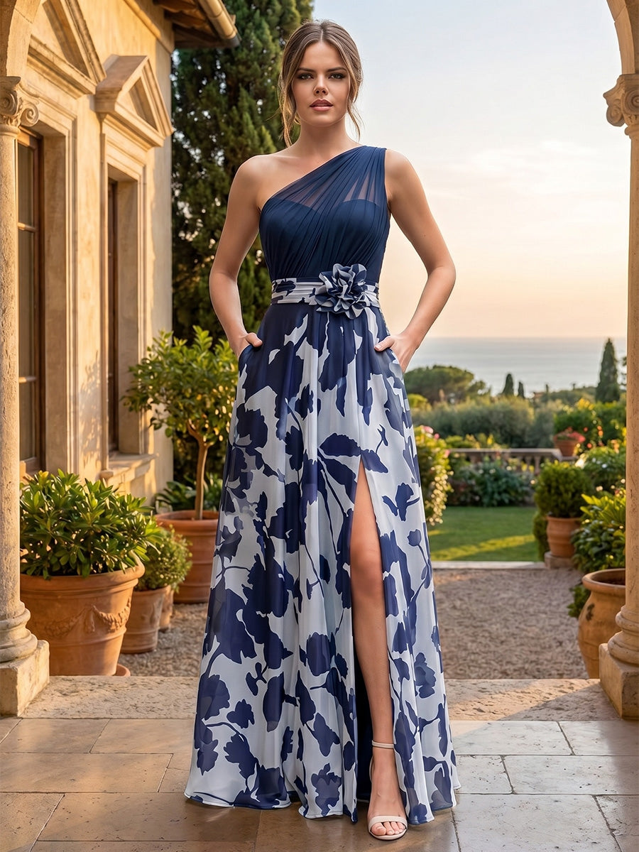 Robe Mère de la Mariée, Ligne A/Princesse, Mousseline, Une Épaule Nue, Sans Manches, Longueur au Sol, Florale, avec Fente Latérale