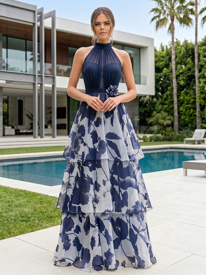 Robe Mère de la Mariée, Ligne A/Princesse, Mousseline, Col Licou, Sans Manches, Longueur au Sol, Florale
