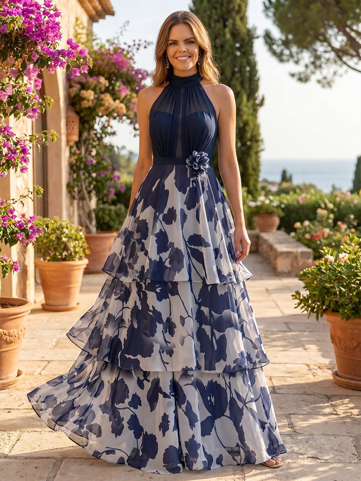 Robe Mère de la Mariée, Ligne A/Princesse, Mousseline, Col Licou, Sans Manches, Longueur au Sol, Florale