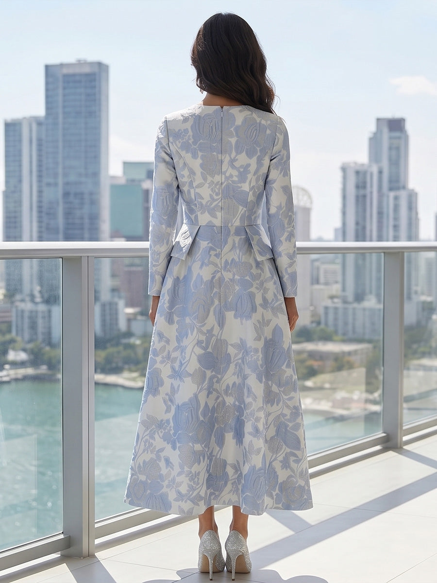 Robe Mère de la Mariée, Ligne A/Princesse, Jacquard, Col en V, Manches Longues, Longueur du Thé, Florale