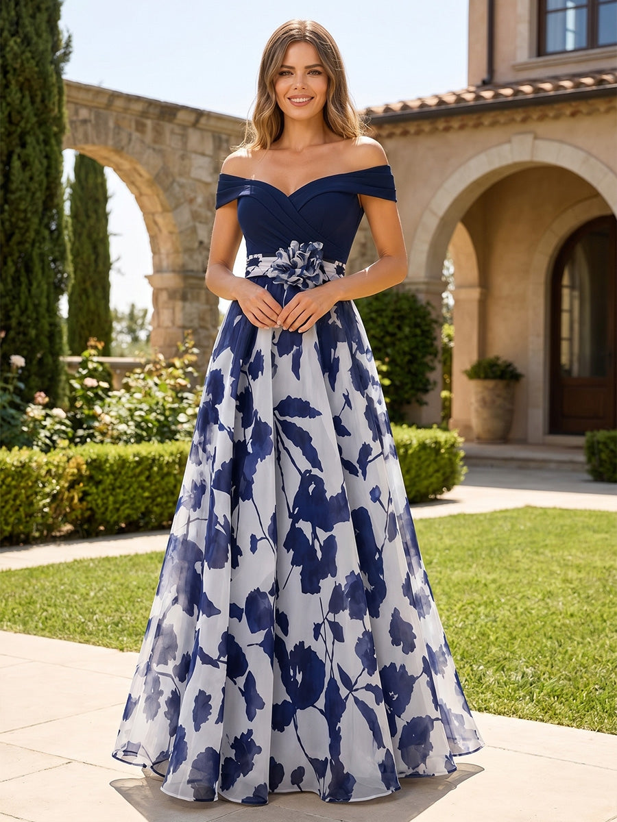 Robe Mère de la Mariée, Ligne A/Princesse, Mousseline, Hors de l'épaule, Sans Manches, Longueur au Sol, Florale