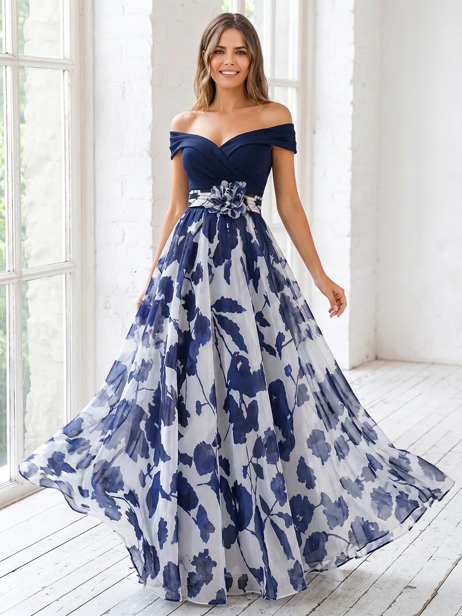 Robe Mère de la Mariée, Ligne A/Princesse, Mousseline, Hors de l'épaule, Sans Manches, Longueur au Sol, Florale