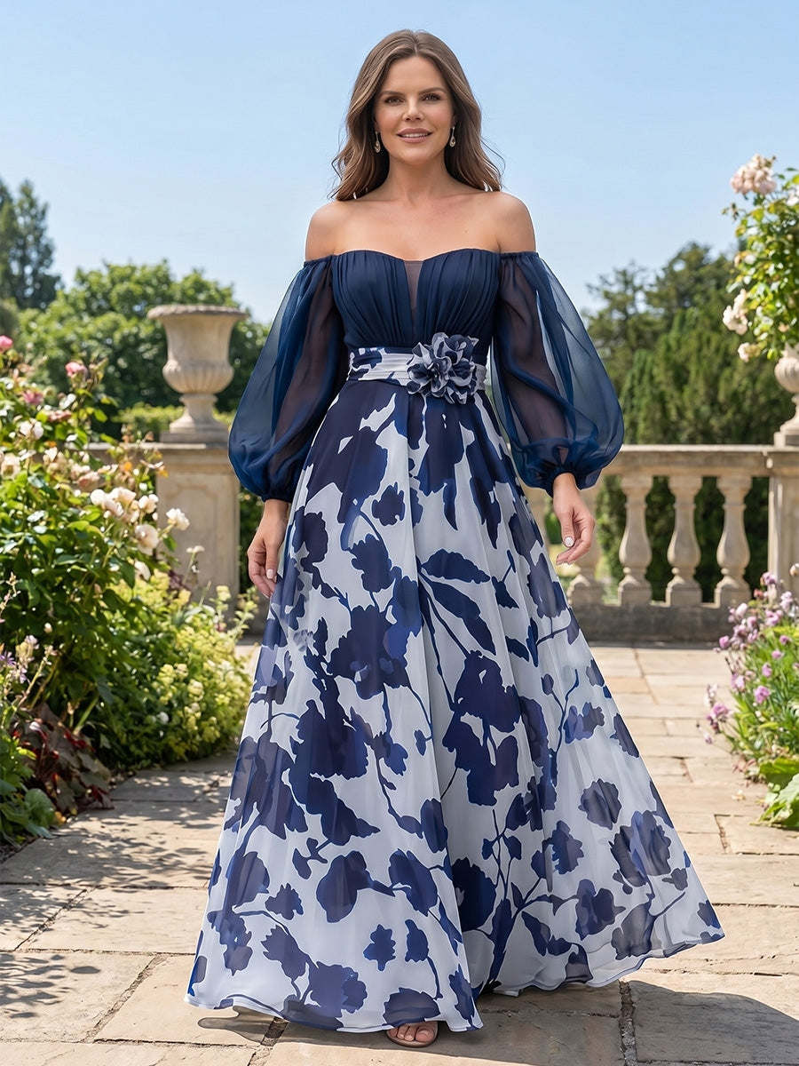 Robe Mère de la Mariée, Ligne A/Princesse, Mousseline, Hors de l'épaule, Manches Longues, Longueur au Sol, Florale