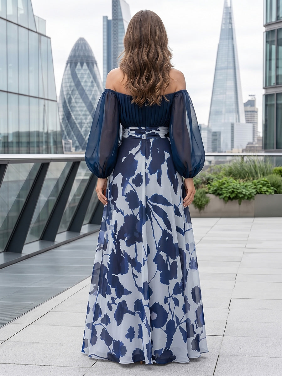 Robe Mère de la Mariée, Ligne A/Princesse, Mousseline, Hors de l'épaule, Manches Longues, Longueur au Sol, Florale