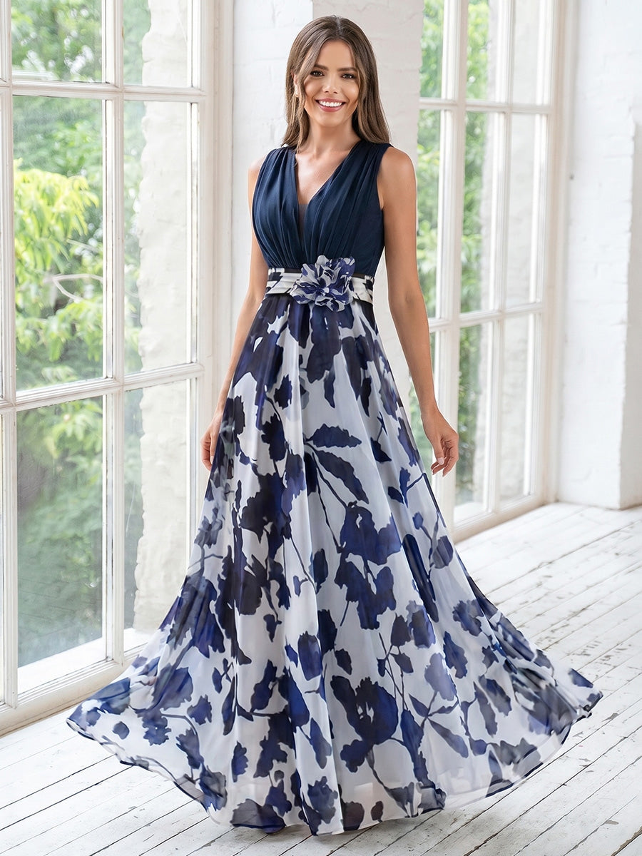 Robe Mère de la Mariée, Ligne A/Princesse, Mousseline, Col en V, Sans Manches, Longueur au Sol, Florale