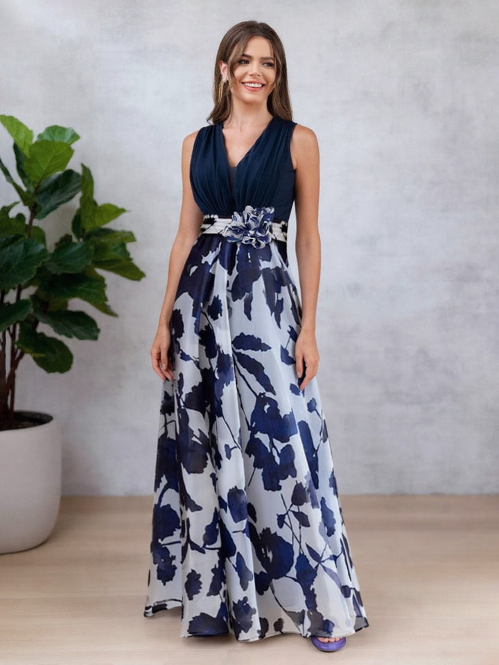 Robe Mère de la Mariée, Ligne A/Princesse, Mousseline, Col en V, Sans Manches, Longueur au Sol, Florale