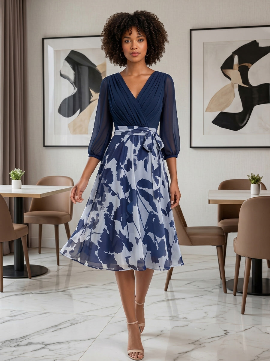 Robe Mère de la Mariée, Ligne A/Princesse, Mousseline, Col en V, Manches 3/4, Longueur du Thé, Florale