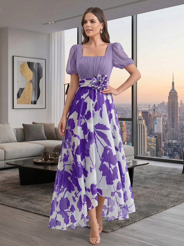 Robe Mère de la Mariée, Ligne A/Princesse, Mousseline, Col Carré, Manches Bouffantes, Longueur Asymétrique, Florale