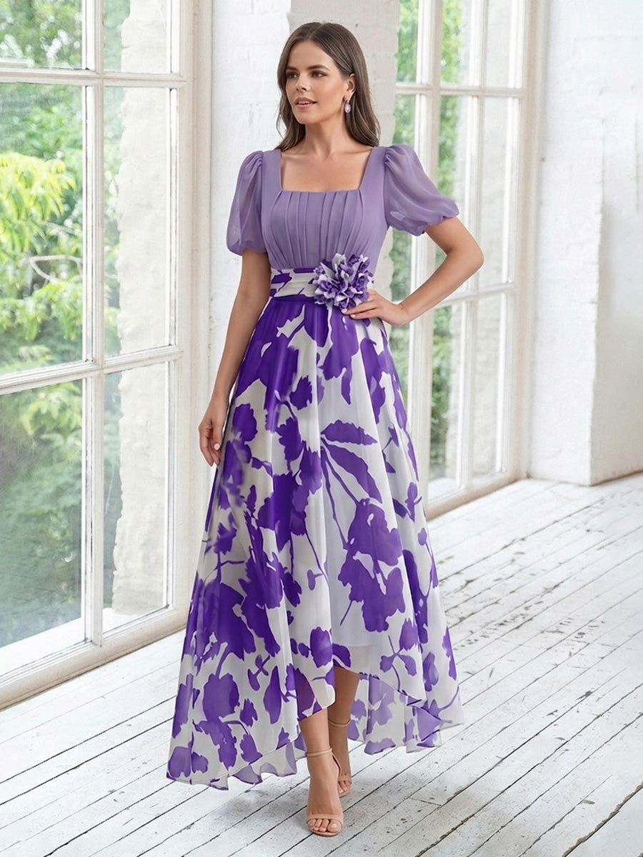 Robe Mère de la Mariée, Ligne A/Princesse, Mousseline, Col Carré, Manches Bouffantes, Longueur Asymétrique, Florale