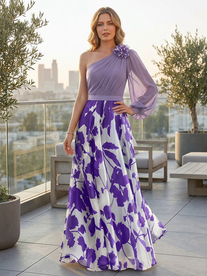 Robe Mère de la Mariée, Ligne A/Princesse, Mousseline, Une Épaule, Manche Longue, Longueur au Sol, Florale