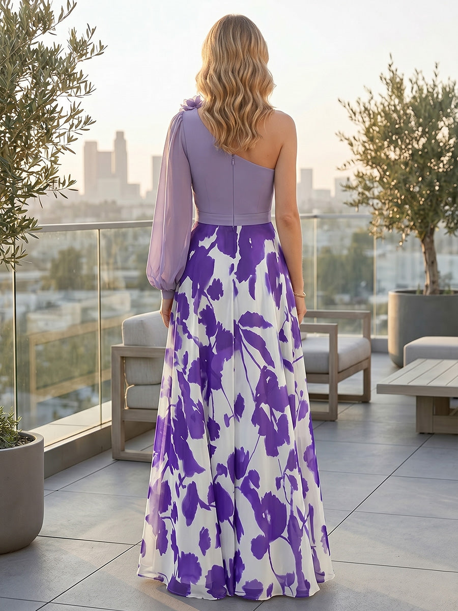 Robe Mère de la Mariée, Ligne A/Princesse, Mousseline, Une Épaule, Manche Longue, Longueur au Sol, Florale