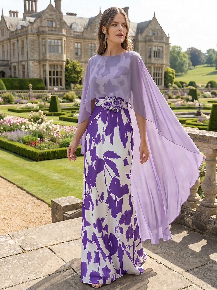 Robe Mère de la Mariée, Gaine/Colonne, Mousseline, Col Rond, Sans Manches, Longueur au Sol, Florale