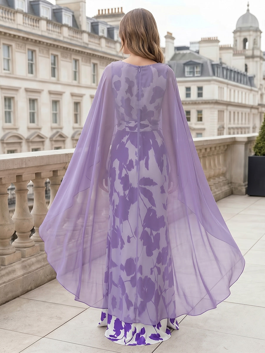 Robe Mère de la Mariée, Gaine/Colonne, Mousseline, Col Rond, Sans Manches, Longueur au Sol, Florale