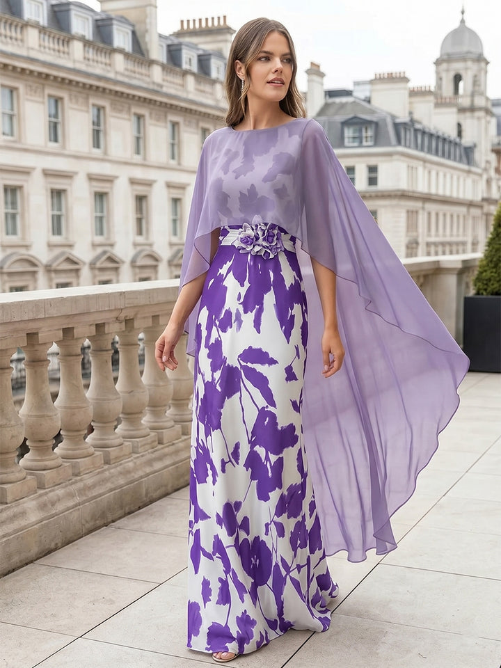 Robe Mère de la Mariée, Gaine/Colonne, Mousseline, Col Rond, Sans Manches, Longueur au Sol, Florale