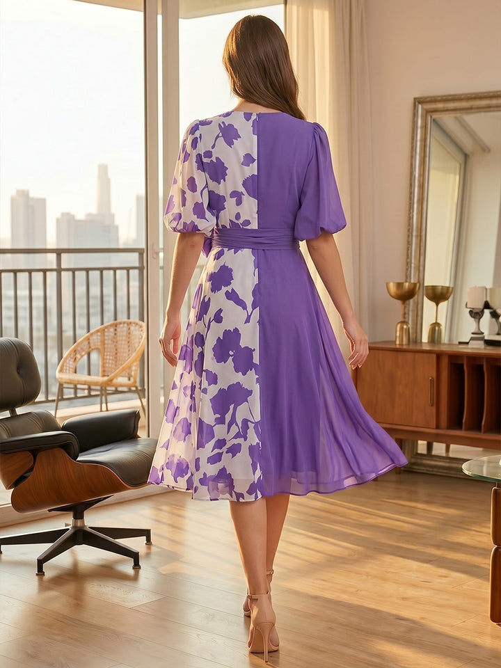 Robe Mère de la Mariée, Ligne A/Princesse, Mousseline, Col en V, Manches Courtes, Longueur du Thé, Florale
