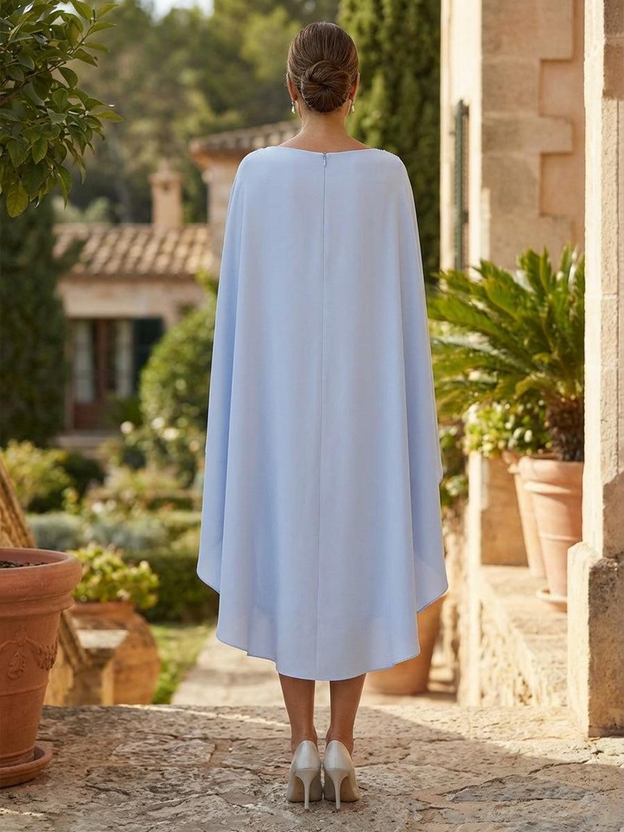 Robe Mère de la Mariée, Gaine/Colonne, Mousseline Élastique, Col Rond, Manches Mi-Longues, Longueur du Thé, avec Cape