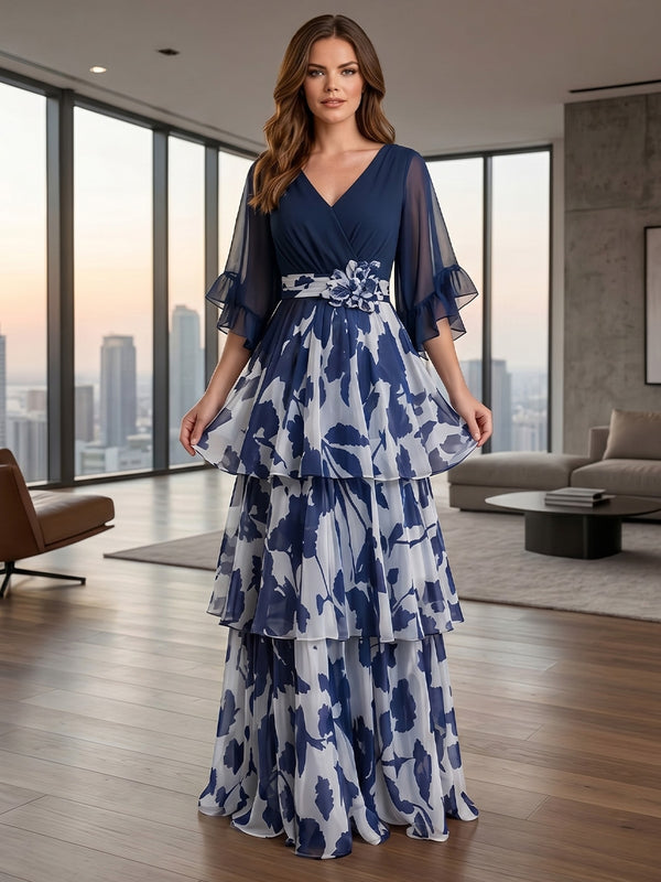 Robe Mère de la Mariée Ligne A/Princesse en Mousseline à Col en V Manches 3/4 Longueur au Sol Florale