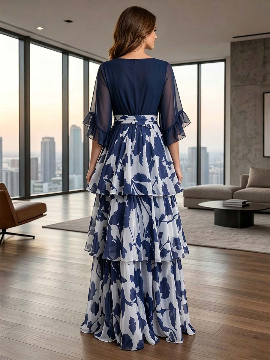 Robe Mère de la Mariée Ligne A/Princesse en Mousseline à Col en V Manches 3/4 Longueur au Sol Florale