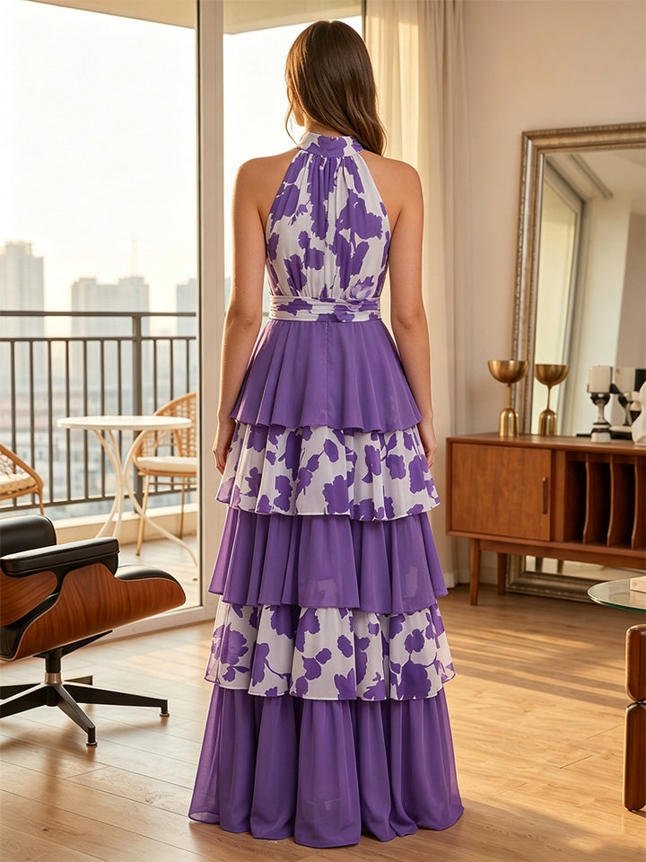 Robe Mère de la Mariée Ligne A/Princesse en Mousseline à Col Halter Sans Manches Longueur au Sol Florale