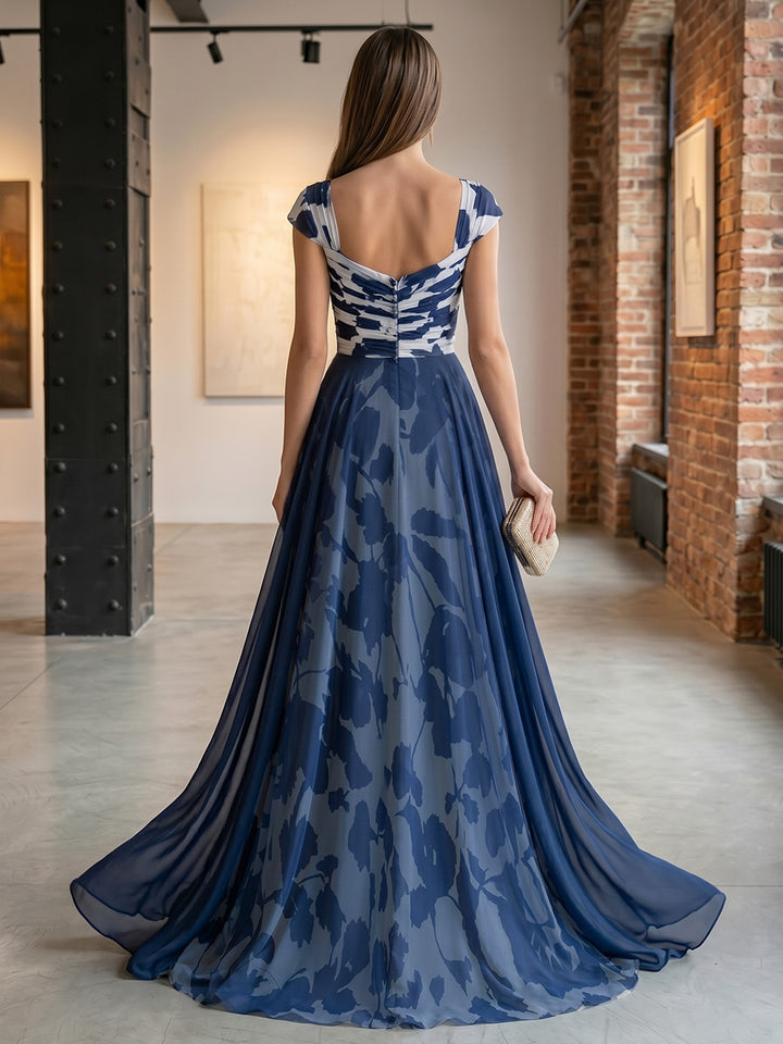 Robe Mère de la Mariée Ligne A/Princesse en Mousseline à Col Carré Manches Courtes Longueur au Sol Florale