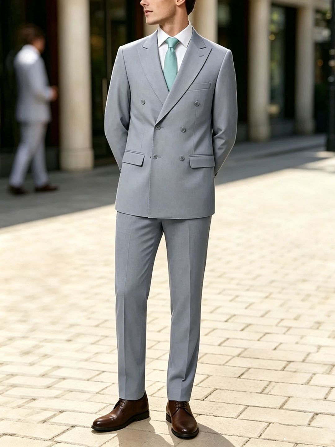 Veste homme de costume, 2 pièces, bleu clair, croisé en laine mélangée 