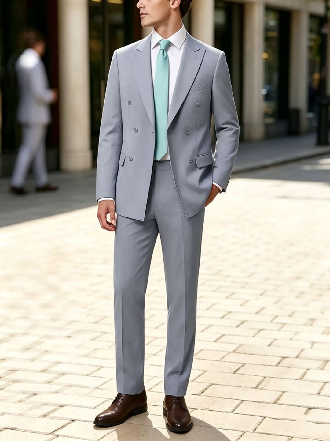 Veste homme de costume, 2 pièces, bleu clair, croisé en laine mélangée 