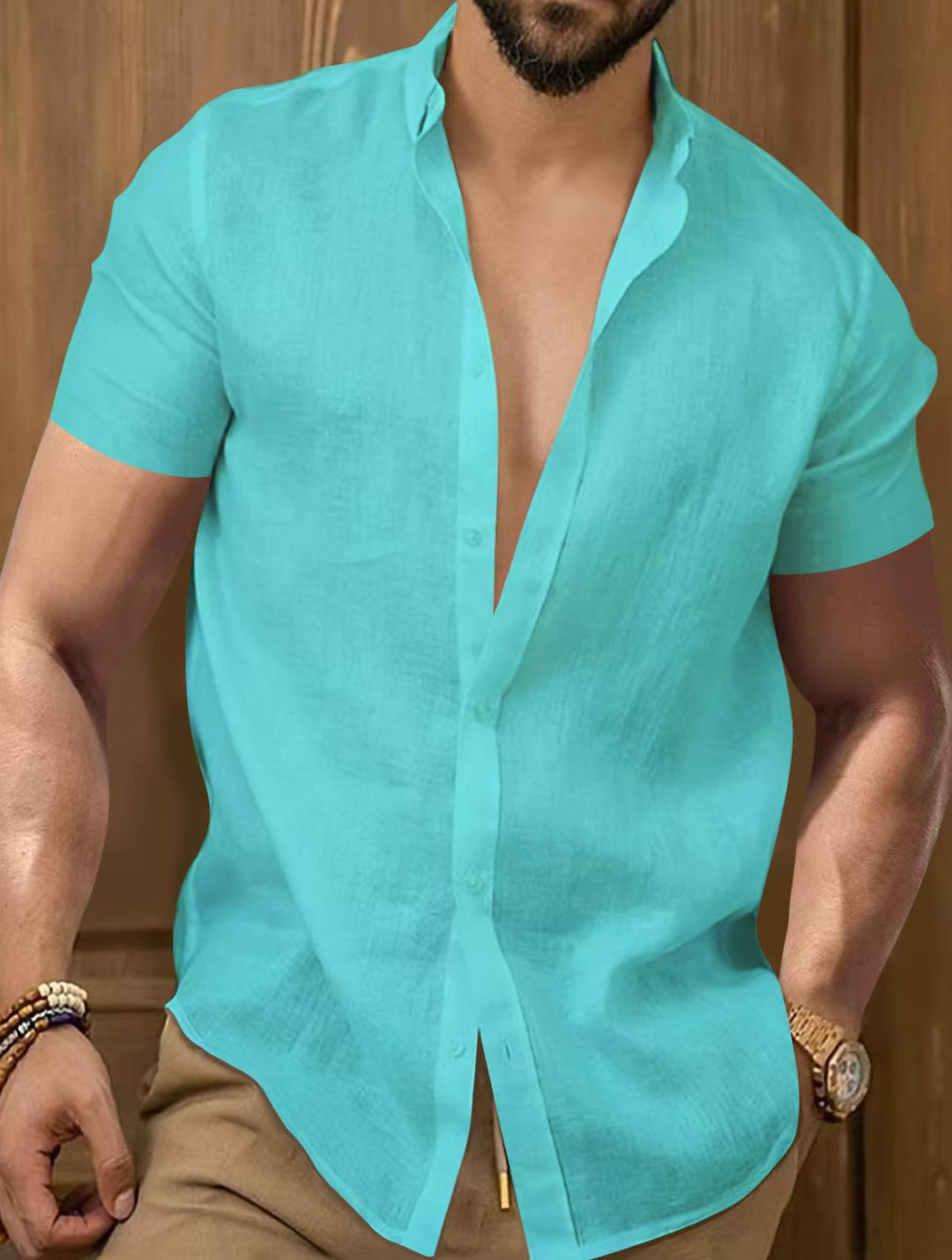 Chemise décontractée pour homme, manches courtes, unie, en coton
