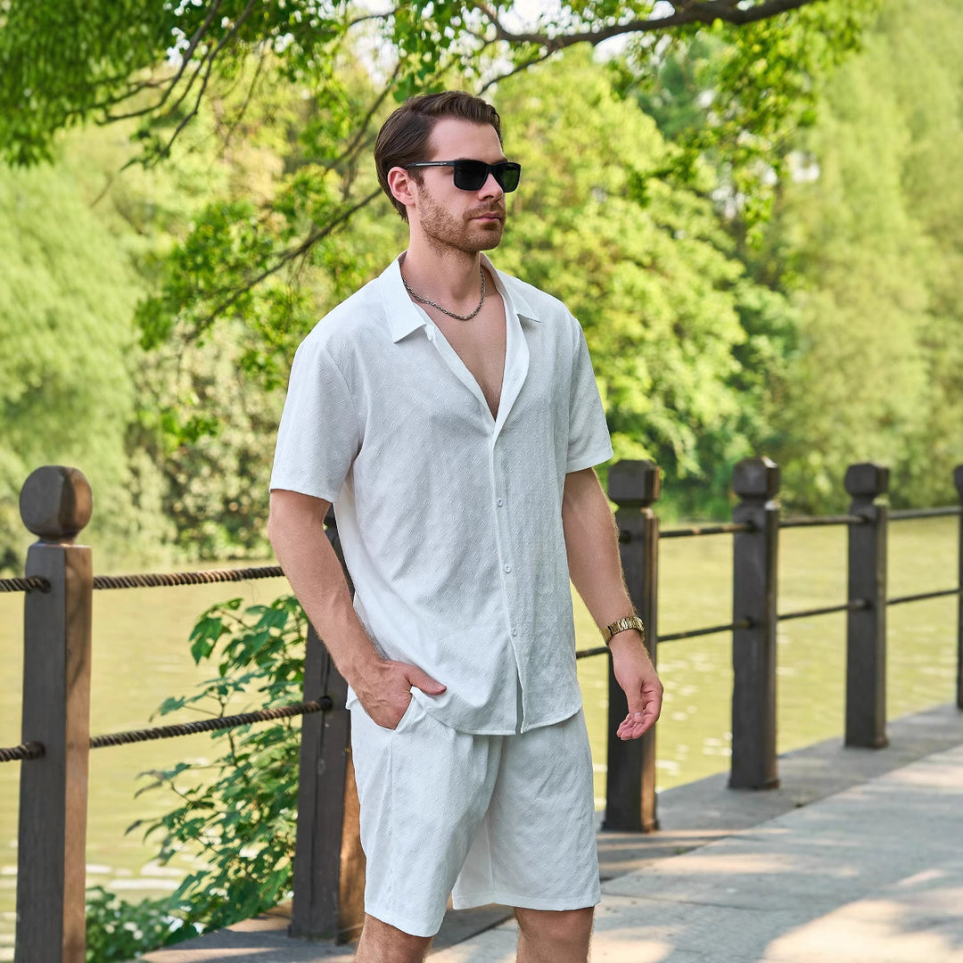 Chemise décontractée pour homme, manches courtes, short, unie, en polyester