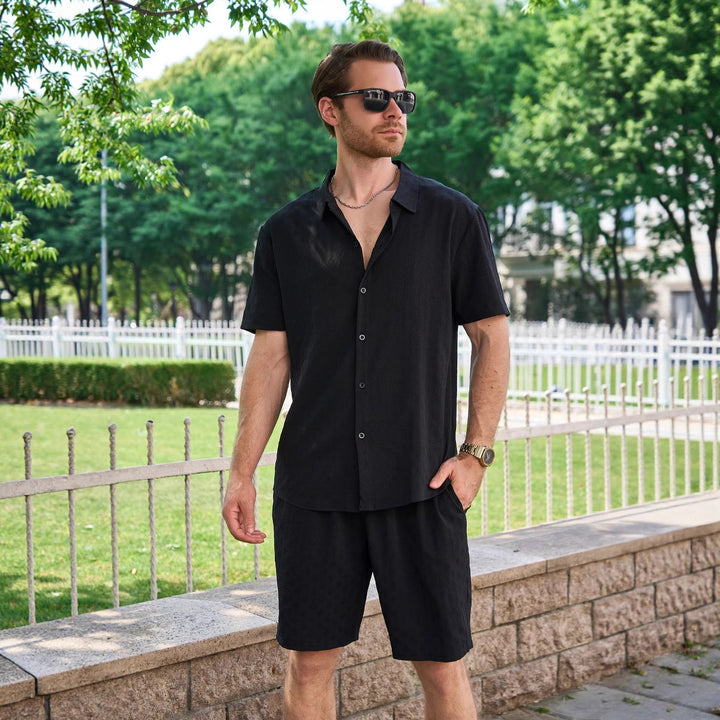 Chemise décontractée pour homme, manches courtes, short, unie, en polyester